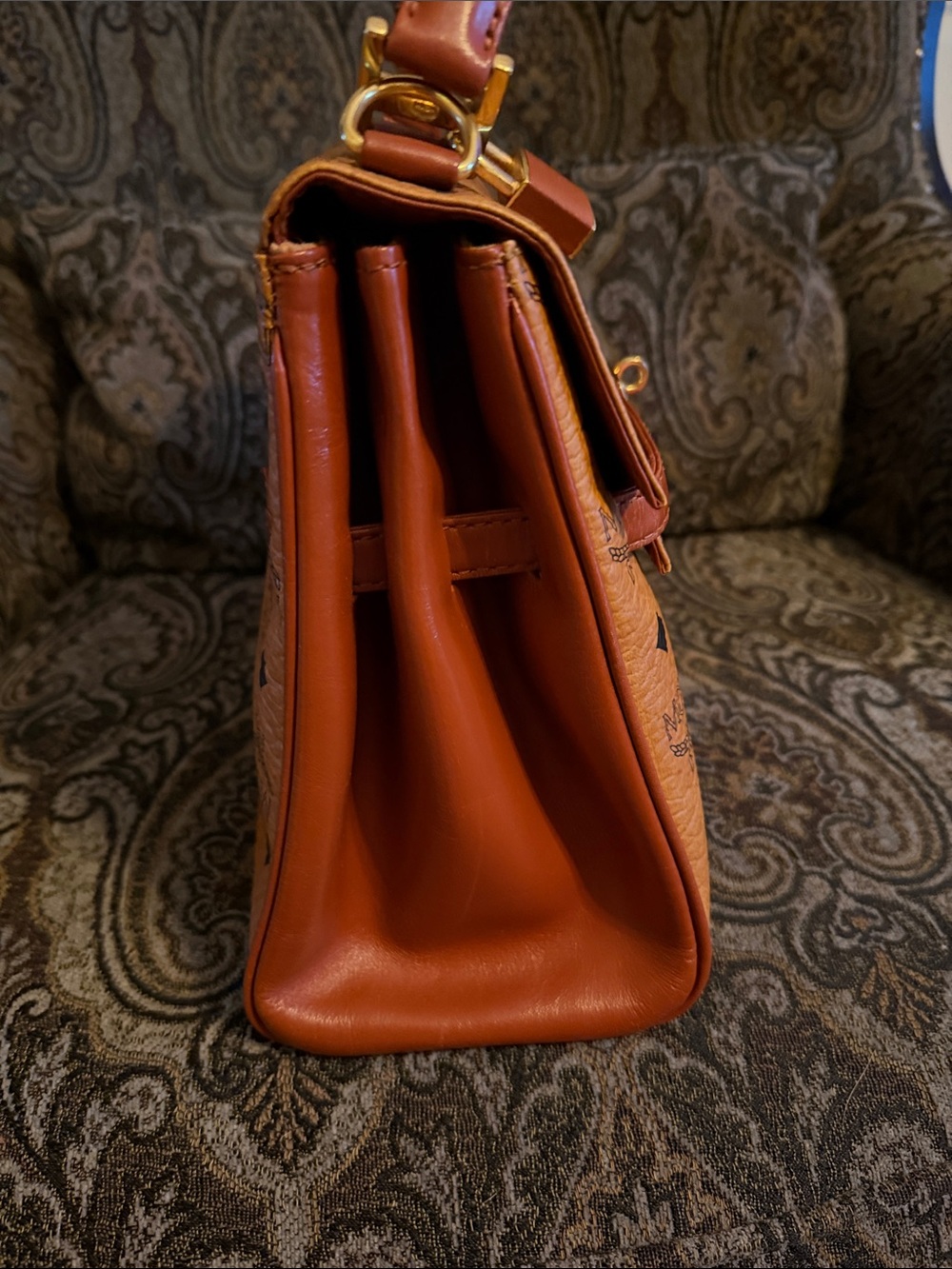 MCM Cognac Logo Visetos Top Handle Satchel with Gold Hardware - Picture 4 of 11